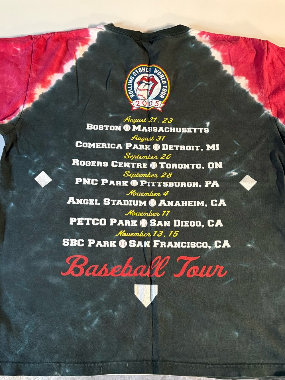 the Rolling Stones Black & Red Tie-Dye Baseball Tour Tee
